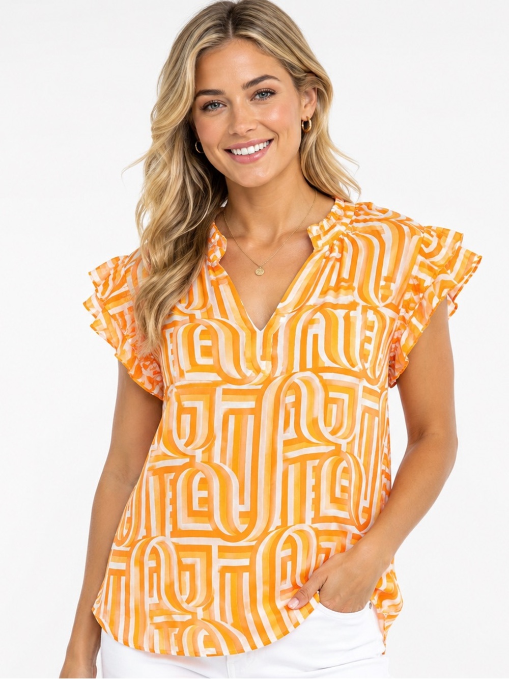 NWT Michelle McDowell Boutique Geo Print Flutter Sleeve Blouse in Orange